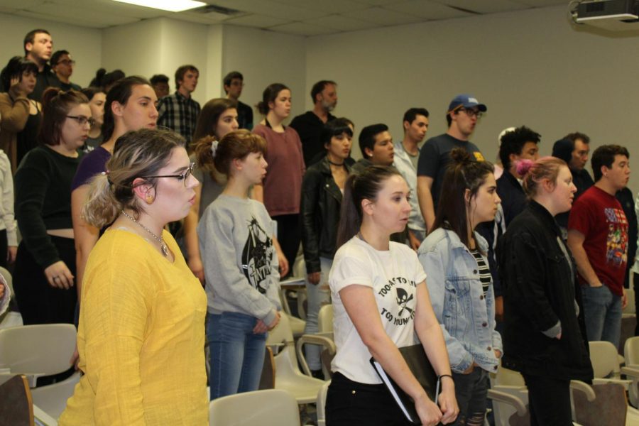 The+cats+rehearsing+for+%27Bullets+over+Broadway%27+which+opens+March+16.+Tickets+will+cost+%2420+for+students%2C+%2422+for+seniors+and+%2424+for+general+audiences.
