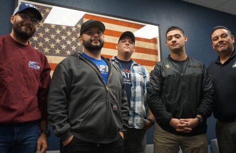 Student Veterans Julian Fernandez Student Veteran (left), Justin Martinez (mid left), Student Student Workers at the Veterans Resource Center/Veterans Shayne Nicholas (mid), Edgar Gomez (mid right), and Political Science Professor/Veteran Juan Arzola (right) at the Veterans Resource Center, Sequoia Building, Room 106