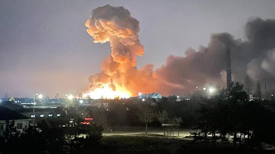 Photo of an explosion in the Ukrainian capital of Kyiv from the Ukrainian President’s Office.