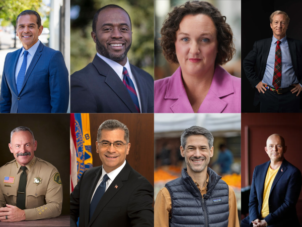 From left to right: Antonio Villaraigosa (D), Tony Thurmond (D), Katie Porter (D), Tom Steyer (D), Chad Bianco (R), Xavier Becerra (D), Matt Mahan (D), Steve Hilton (R)